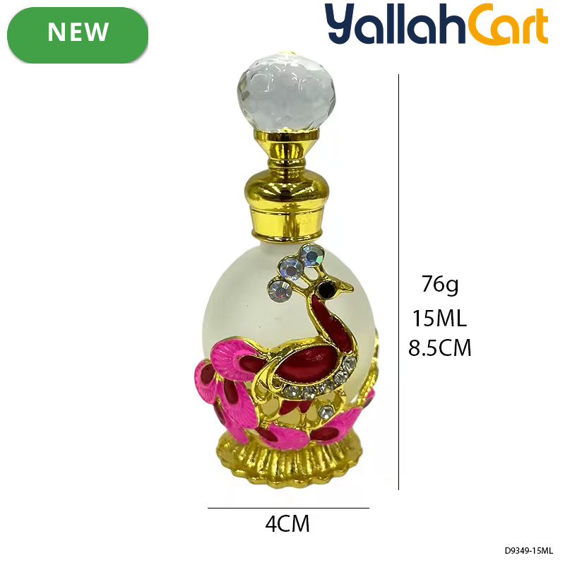 15ml Refillable Peacock Crystal Perfume Bottle – Elegant Essential Oil Dispenser with Metal Base