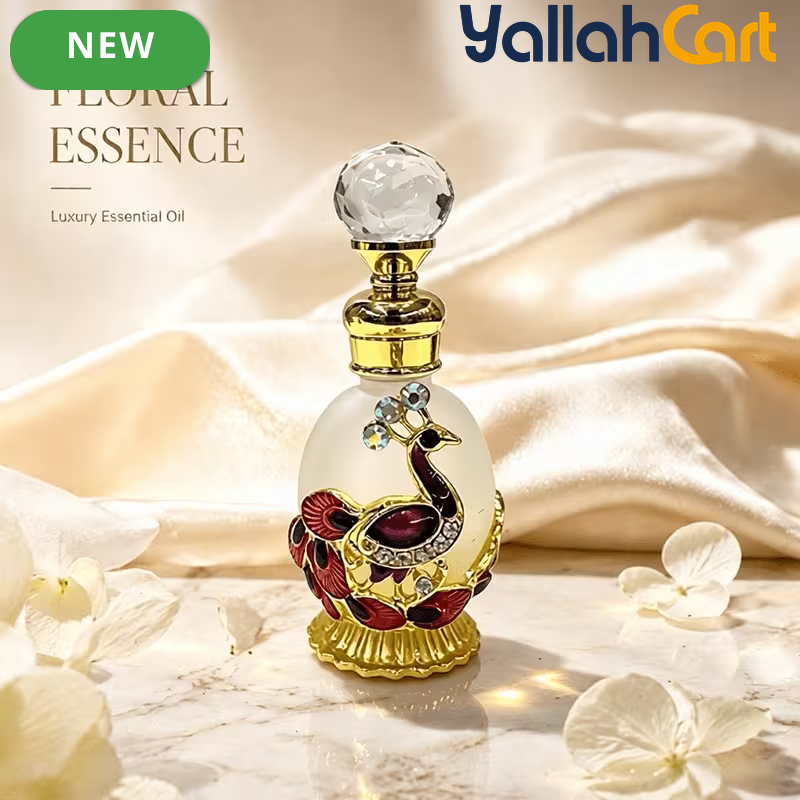 15ml Refillable Peacock Crystal Perfume Bottle – Elegant Essential Oil Dispenser with Metal Base