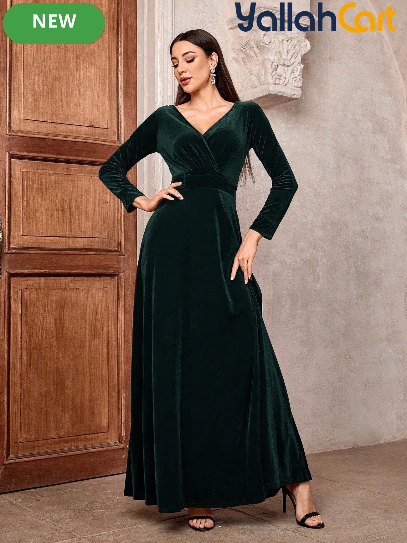 Golden Velvet V-Neck Long Sleeve Dress