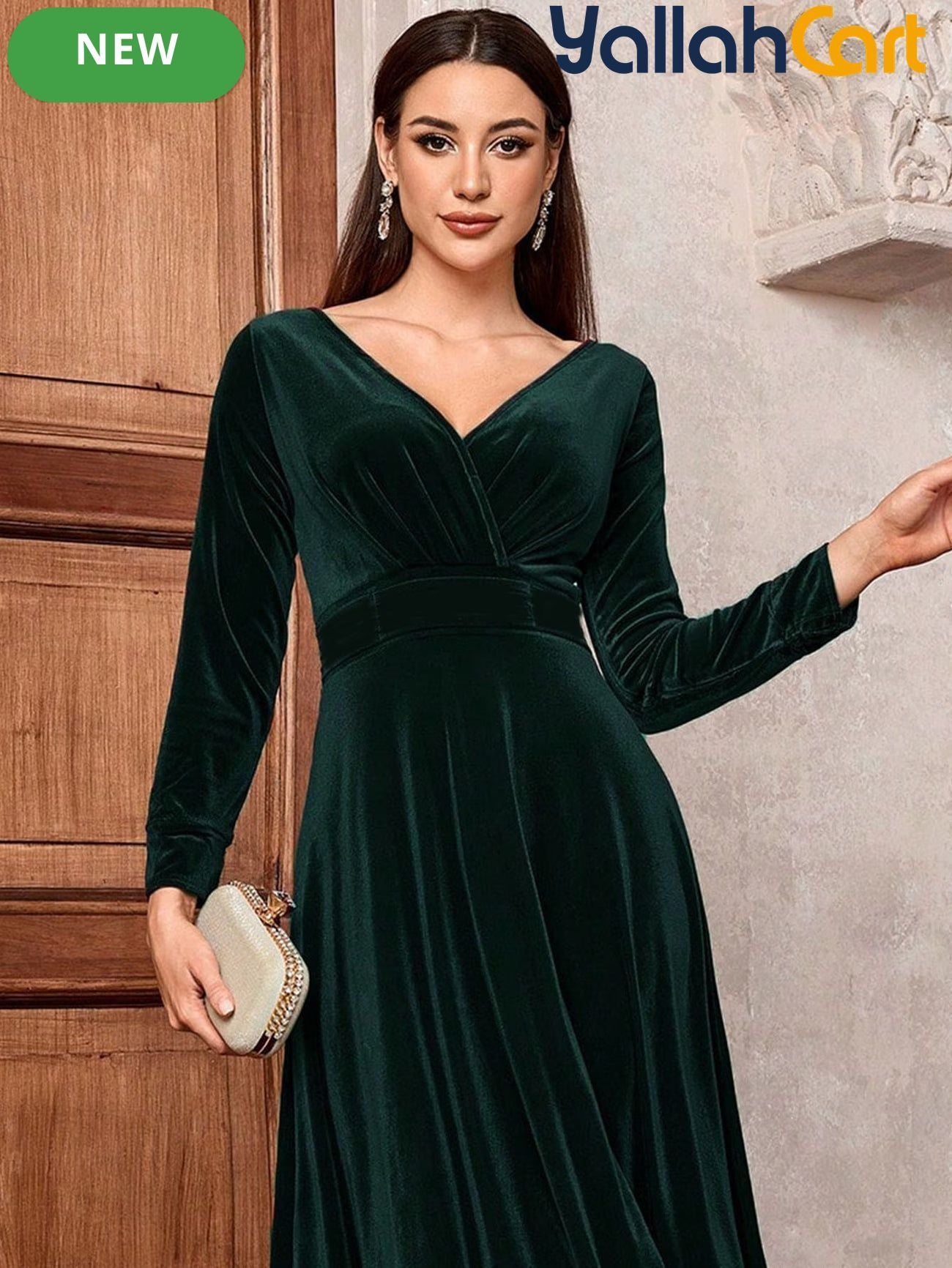 Golden Velvet V-Neck Long Sleeve Dress