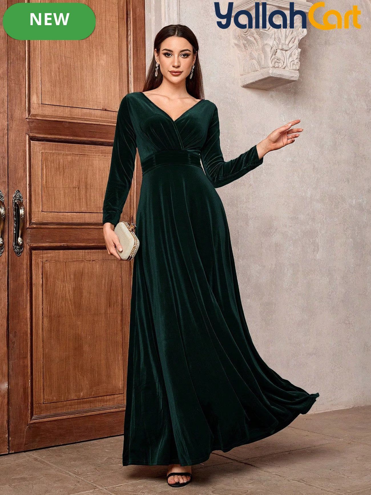 Golden Velvet V-Neck Long Sleeve Dress