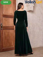 Golden Velvet V-Neck Long Sleeve Dress