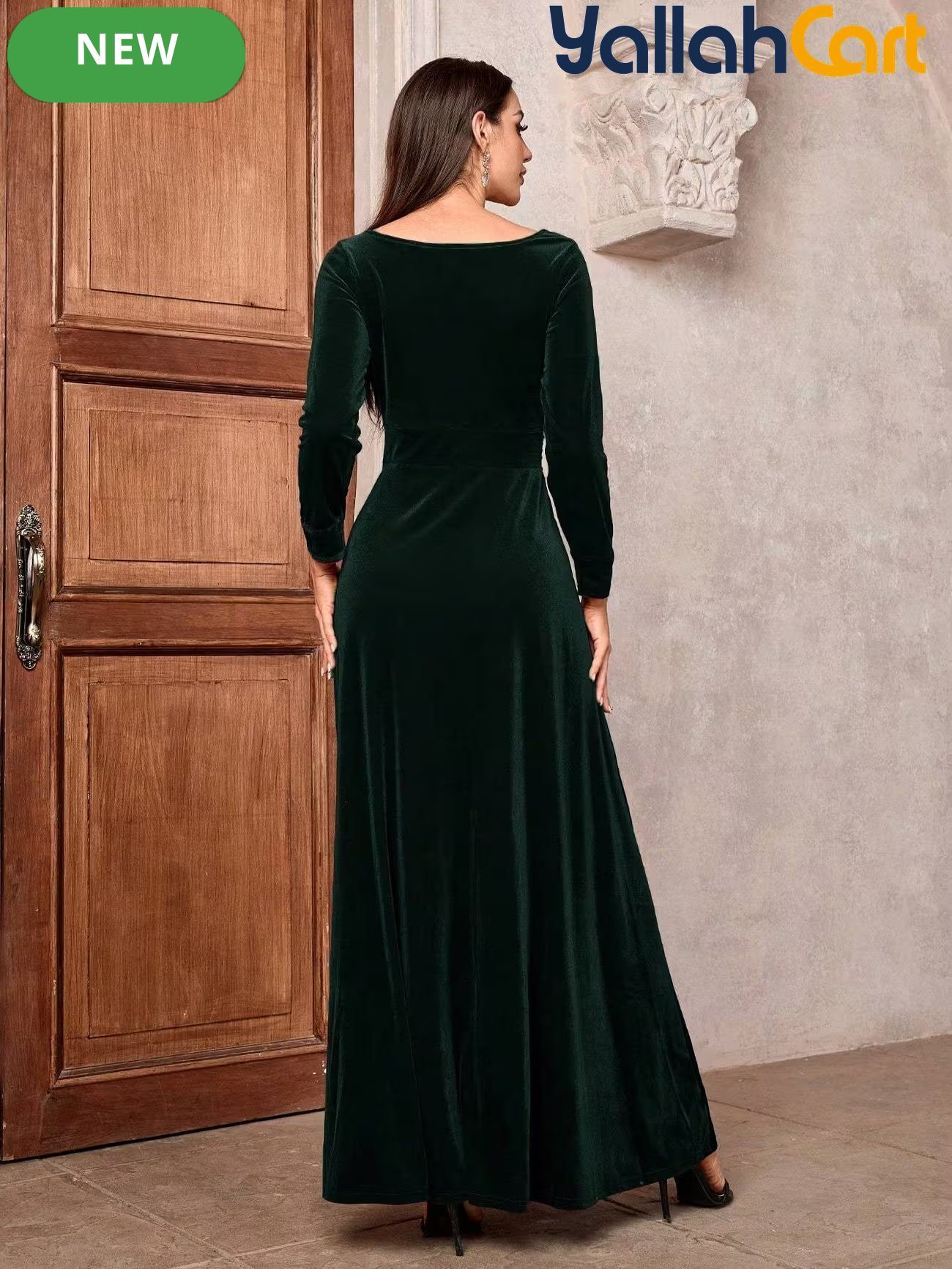 Golden Velvet V-Neck Long Sleeve Dress