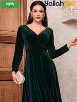 Golden Velvet V-Neck Long Sleeve Dress