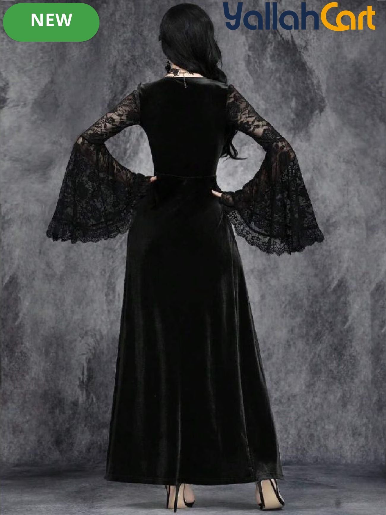 Women's Black Velvet Gothic Dark Romantic Halloween Party Dress