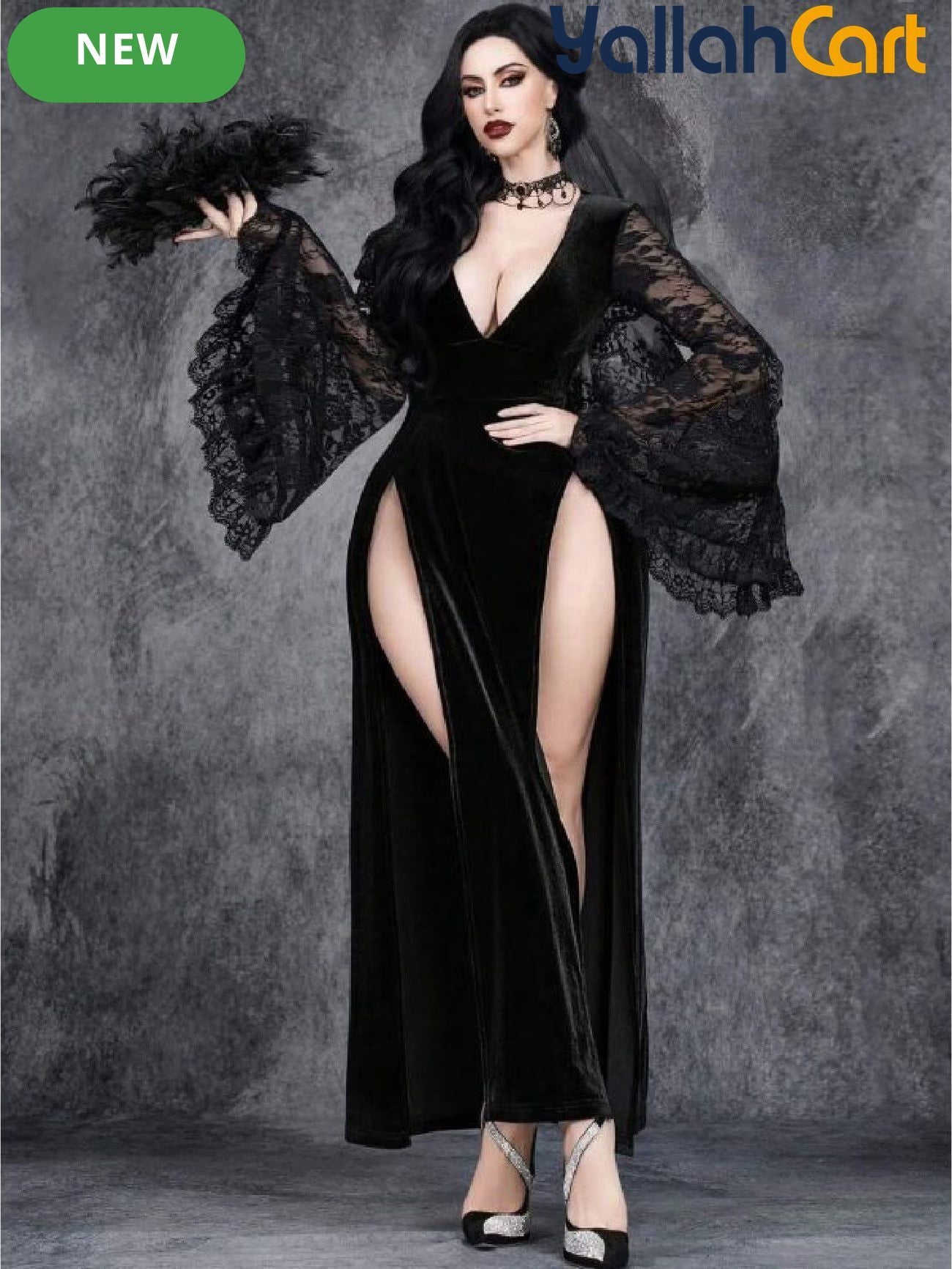 Women's Black Velvet Gothic Dark Romantic Halloween Party Dress