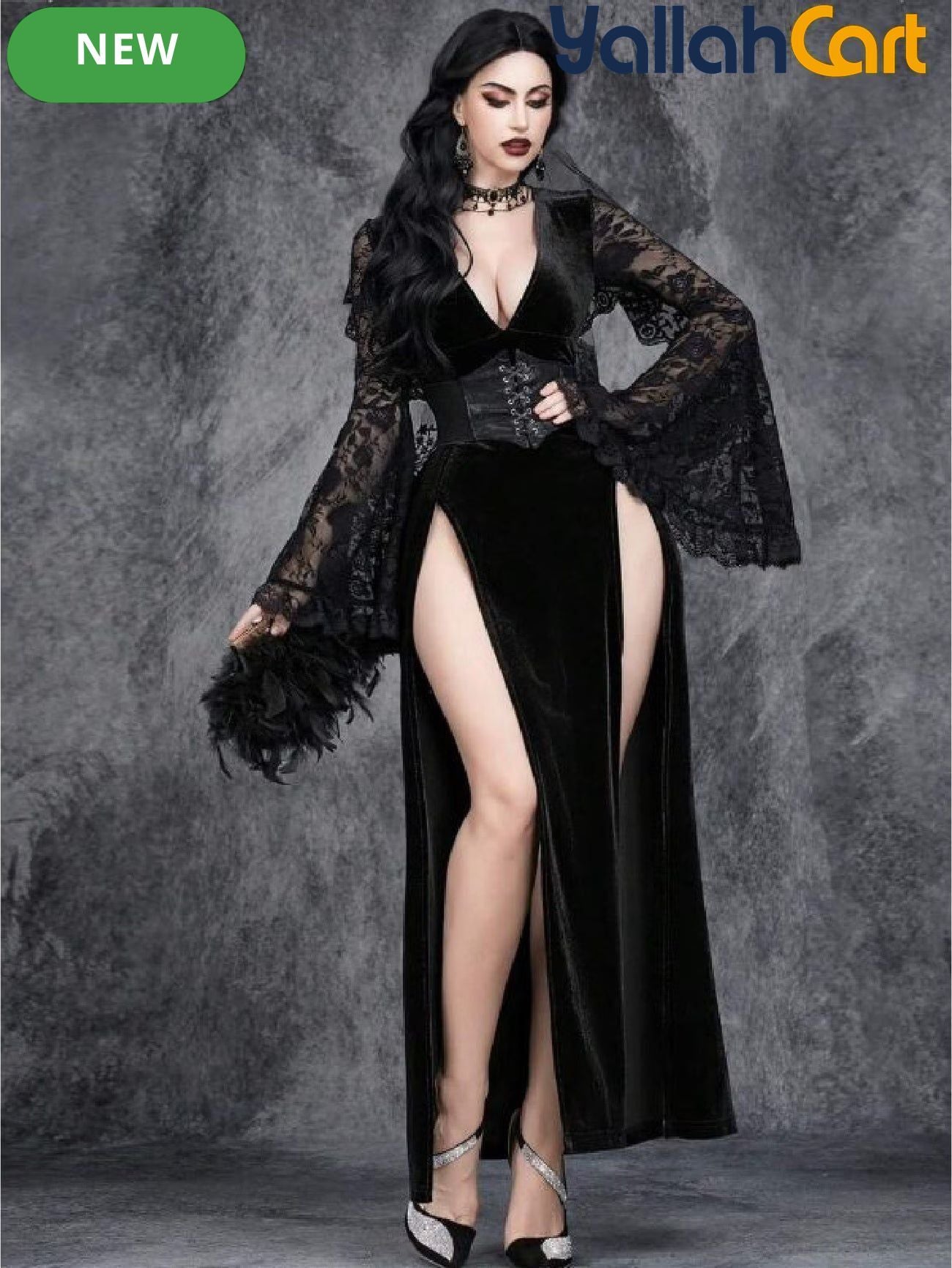 Women's Black Velvet Gothic Dark Romantic Halloween Party Dress