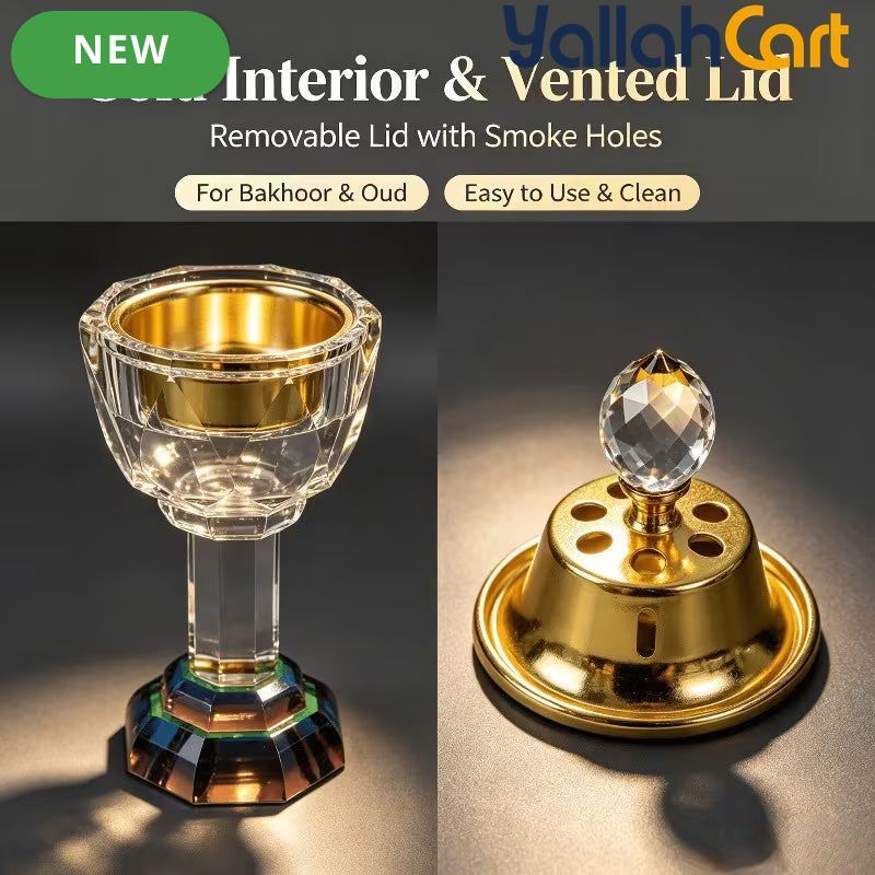 Luxury Crystal Oud Bakhoor Burner – Golden Inner Cup with Vented Cover & Multicolor Base