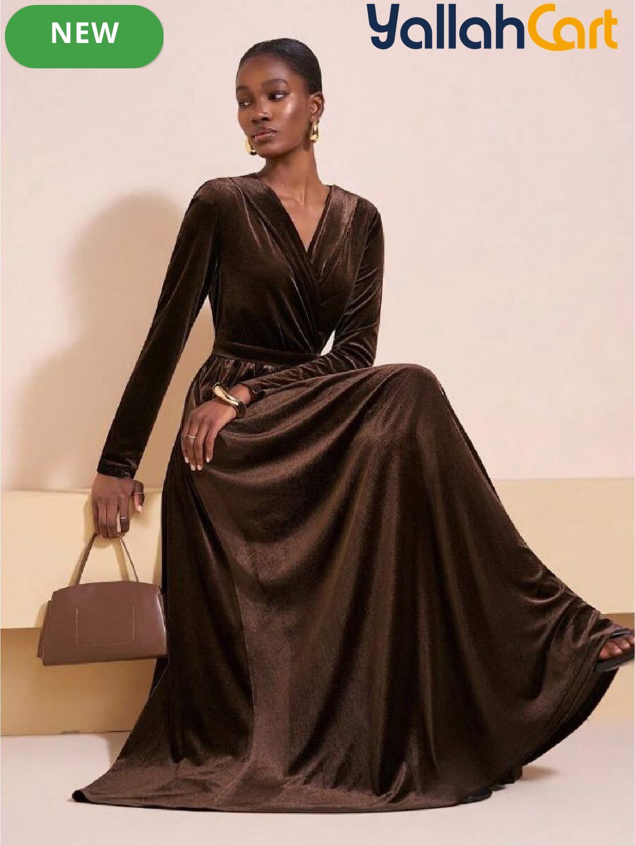 Women’s Long Sleeve V-Neck A-Line Maxi Dress – Elegant Brown Formal Party Dress
