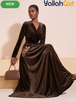 Women’s Long Sleeve V-Neck A-Line Maxi Dress – Elegant Brown Formal Party Dress