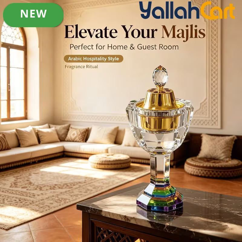 Luxury Crystal Oud Bakhoor Burner – Golden Inner Cup with Vented Cover & Multicolor Base