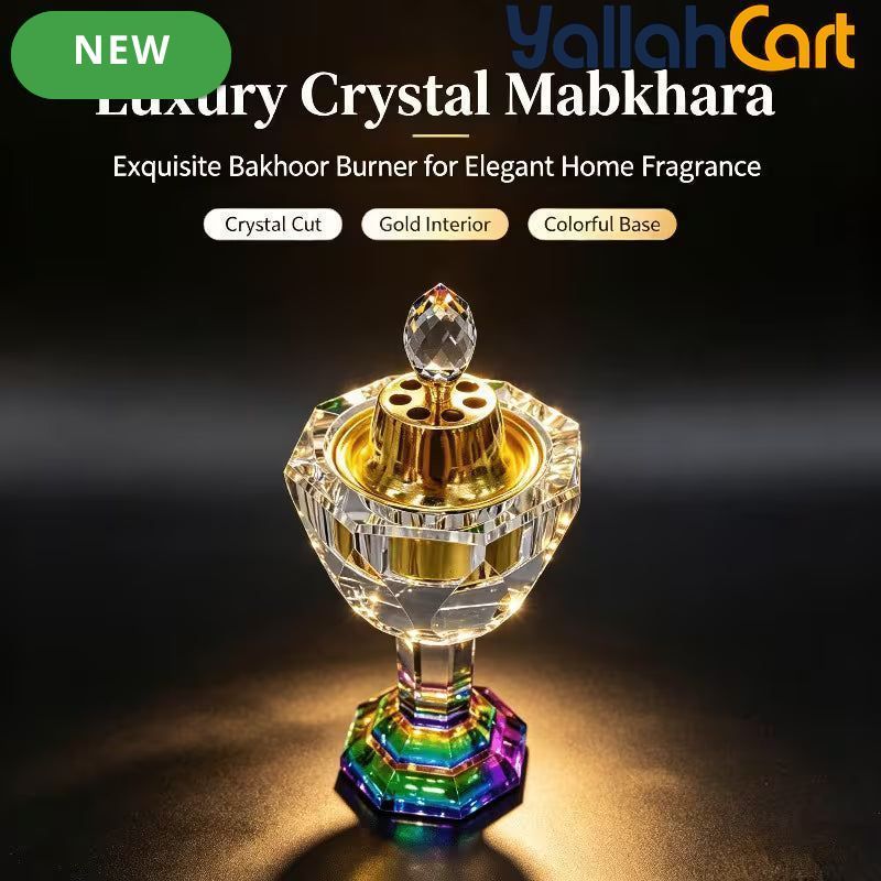 Luxury Crystal Oud Bakhoor Burner – Golden Inner Cup with Vented Cover & Multicolor Base