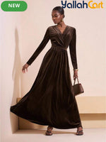 Women’s Long Sleeve V-Neck A-Line Maxi Dress – Elegant Brown Formal Party Dress