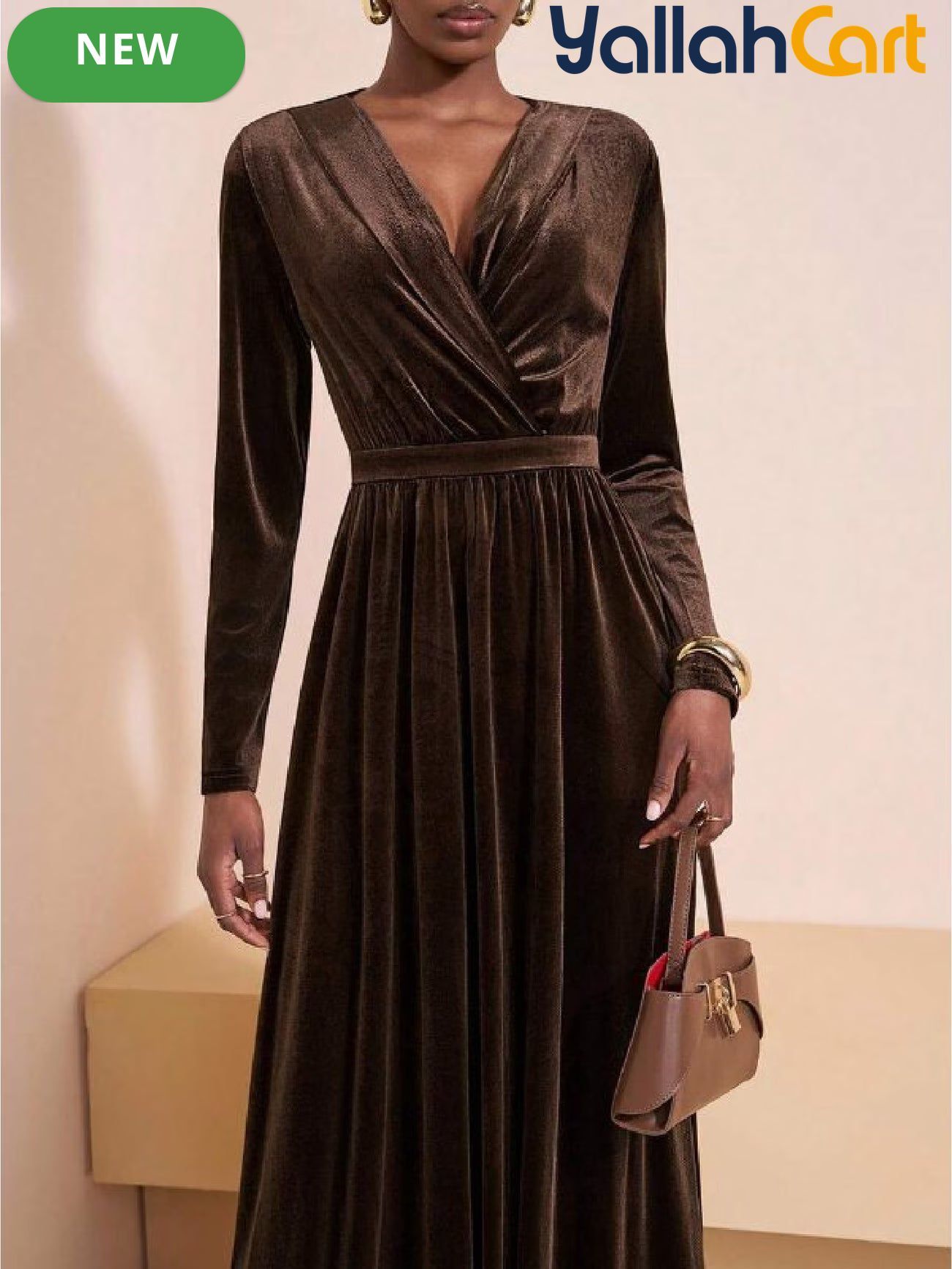 Women’s Long Sleeve V-Neck A-Line Maxi Dress – Elegant Brown Formal Party Dress