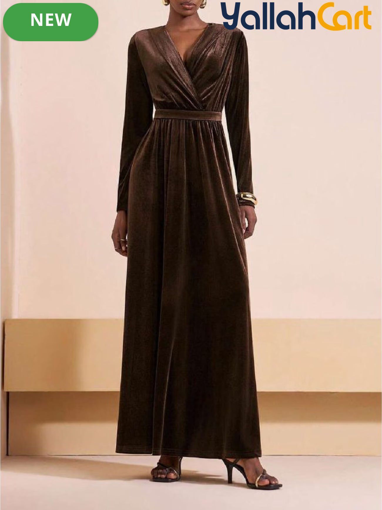 Women’s Long Sleeve V-Neck A-Line Maxi Dress – Elegant Brown Formal Party Dress