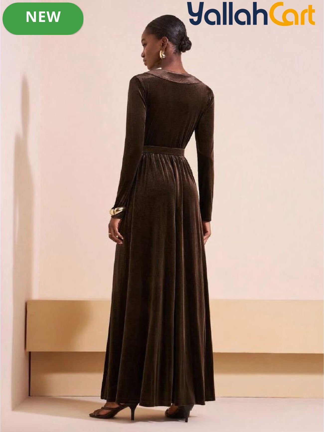 Women’s Long Sleeve V-Neck A-Line Maxi Dress – Elegant Brown Formal Party Dress