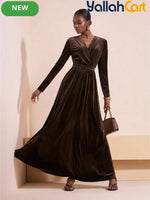 Women’s Long Sleeve V-Neck A-Line Maxi Dress – Elegant Brown Formal Party Dress