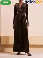 Women’s Long Sleeve V-Neck A-Line Maxi Dress – Elegant Brown Formal Party Dress