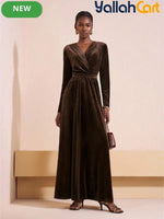 Women’s Long Sleeve V-Neck A-Line Maxi Dress – Elegant Brown Formal Party Dress
