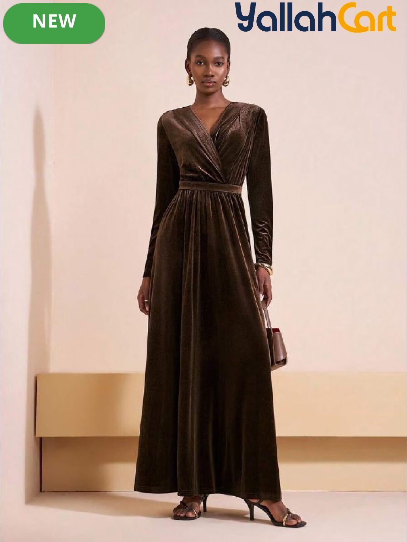 Women’s Long Sleeve V-Neck A-Line Maxi Dress – Elegant Brown Formal Party Dress
