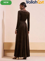 Women’s Long Sleeve V-Neck A-Line Maxi Dress – Elegant Brown Formal Party Dress