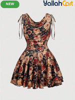 Women's Vintage Print Asymmetric A-Line Mini Dress