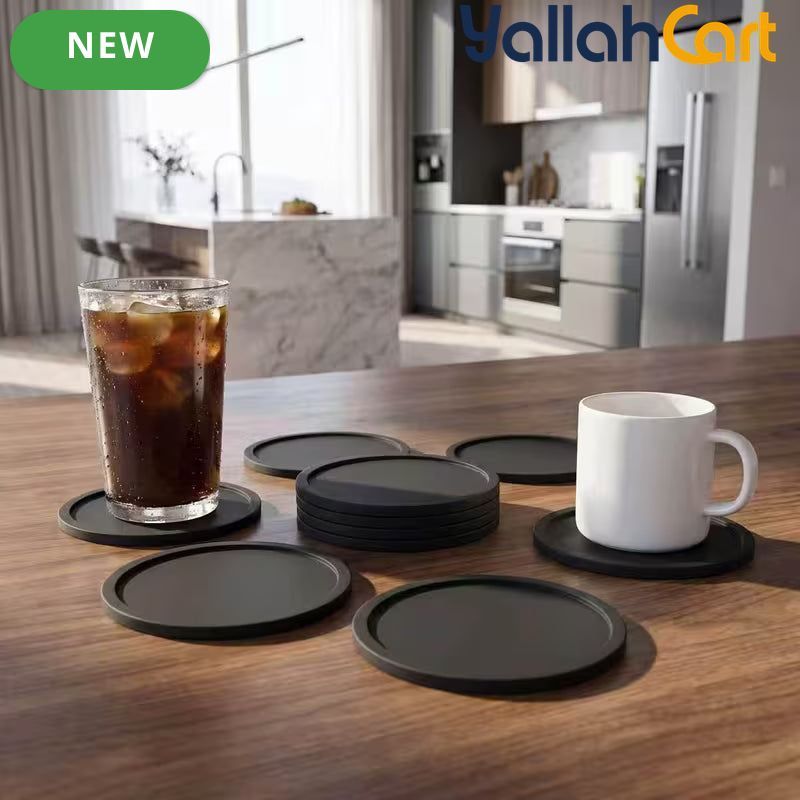 8-Piece Black Silicone Coaster Set – Heatproof Non-Slip Table Protectors for Hot & Cold Drinks