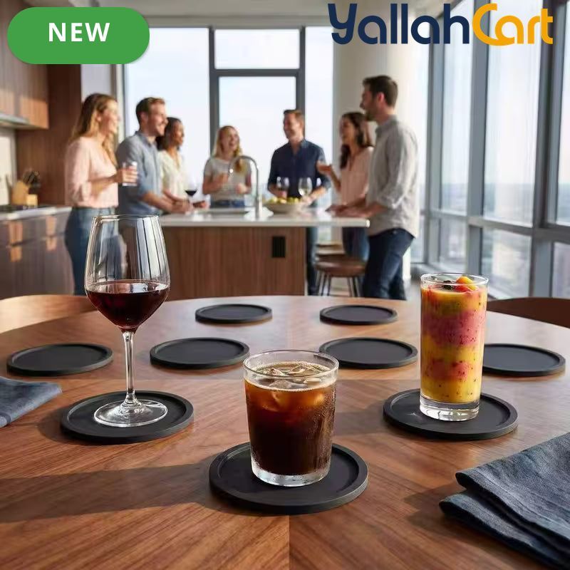8-Piece Black Silicone Coaster Set – Heatproof Non-Slip Table Protectors for Hot & Cold Drinks
