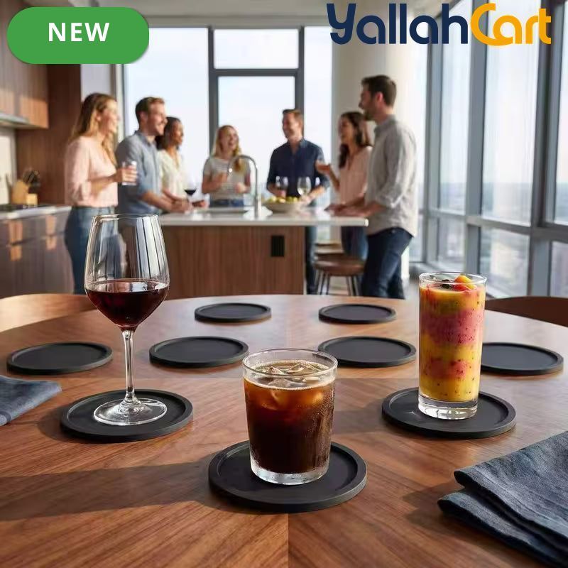 8-Piece Black Silicone Coaster Set – Heatproof Non-Slip Table Protectors for Hot & Cold Drinks