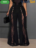 Plus Size Women’s Black & Gold Wide-Leg Trousers – Lace-Up Mesh Detail Pants