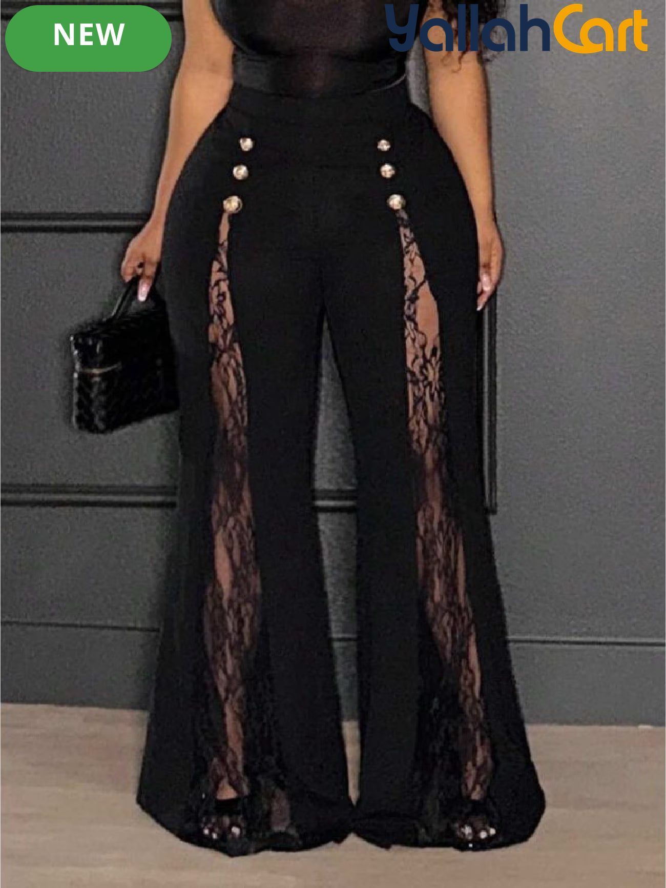 Plus Size Women’s Black & Gold Wide-Leg Trousers – Lace-Up Mesh Detail Pants