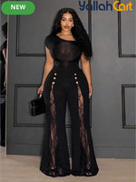Plus Size Women’s Black & Gold Wide-Leg Trousers – Lace-Up Mesh Detail Pants