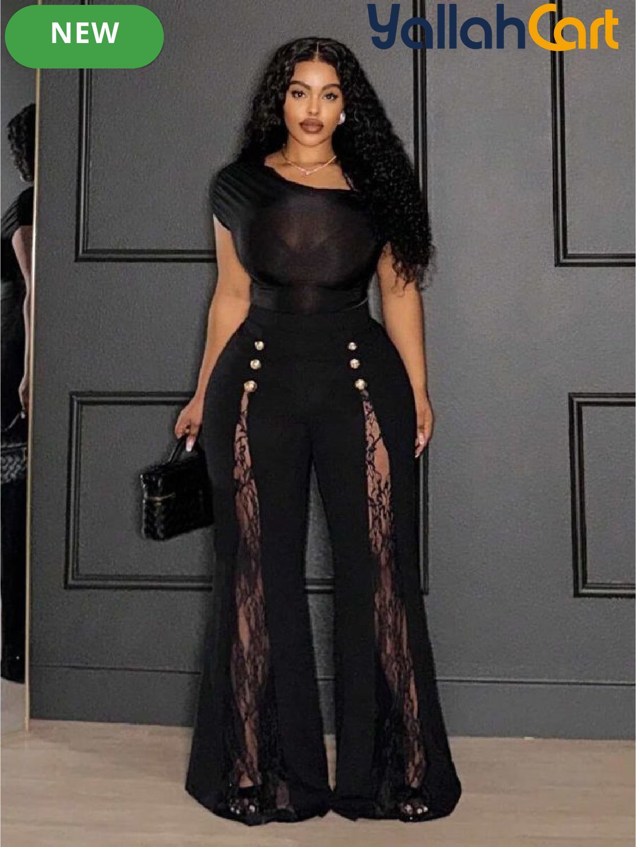 Plus Size Women’s Black & Gold Wide-Leg Trousers – Lace-Up Mesh Detail Pants