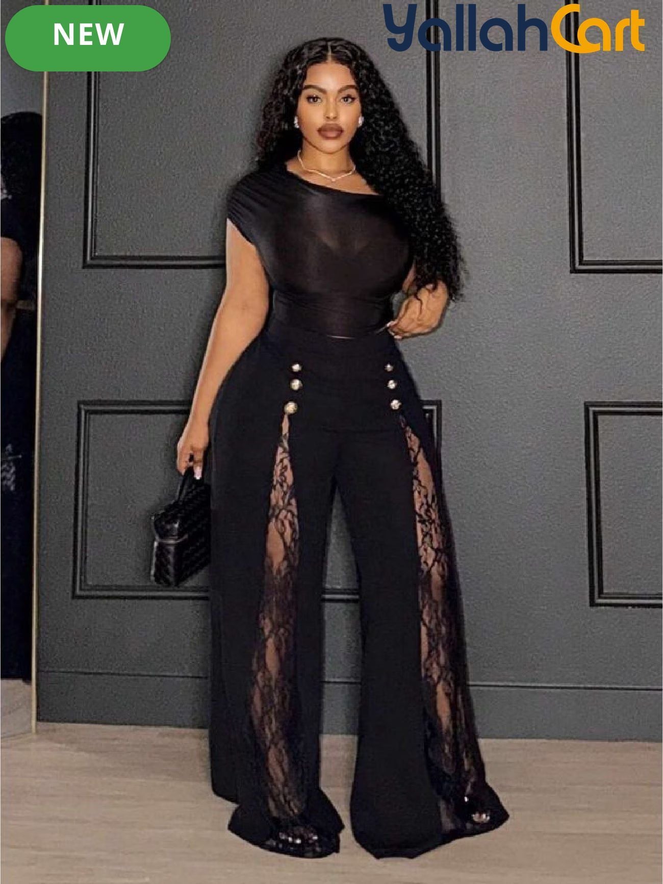 Plus Size Women’s Black & Gold Wide-Leg Trousers – Lace-Up Mesh Detail Pants