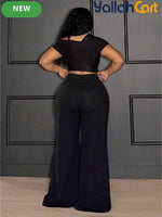 Plus Size Women’s Black & Gold Wide-Leg Trousers – Lace-Up Mesh Detail Pants