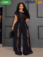 Plus Size Women’s Black & Gold Wide-Leg Trousers – Lace-Up Mesh Detail Pants