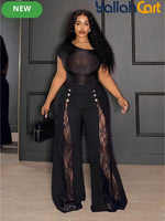 Plus Size Women’s Black & Gold Wide-Leg Trousers – Lace-Up Mesh Detail Pants