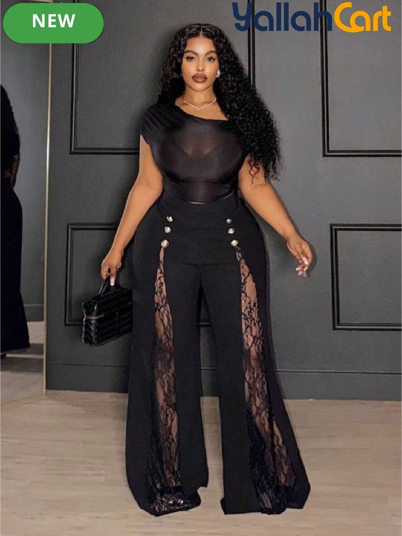 Plus Size Women’s Black & Gold Wide-Leg Trousers – Lace-Up Mesh Detail Pants