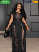 Plus Size Women’s Black & Gold Wide-Leg Trousers – Lace-Up Mesh Detail Pants