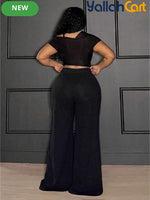 Plus Size Women’s Black & Gold Wide-Leg Trousers – Lace-Up Mesh Detail Pants