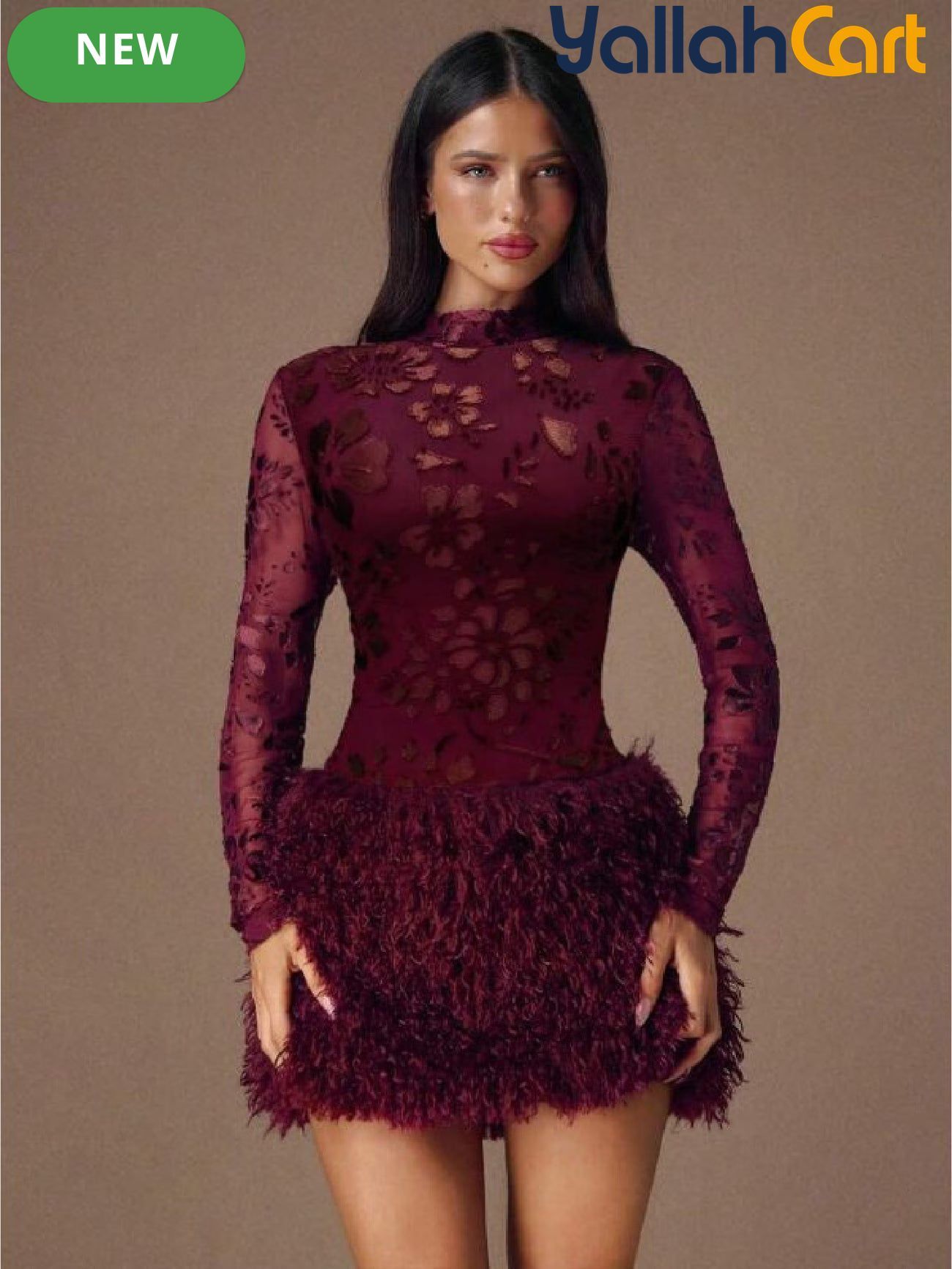 Elegant Long Sleeve Floral Patchwork Dress with Fringe Hem