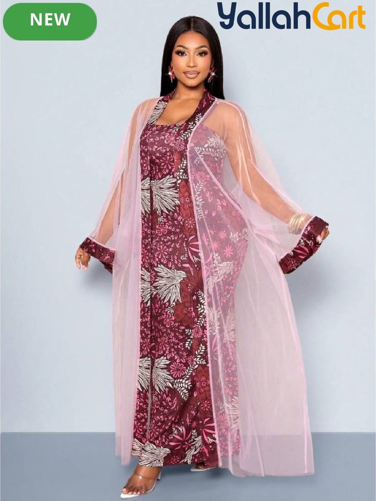 Women’s 2-Piece Slim-Fit Dress & Embroidered Mesh Cardigan Set – Elegant Outfit