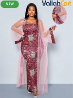 Women’s 2-Piece Slim-Fit Dress & Embroidered Mesh Cardigan Set – Elegant Outfit