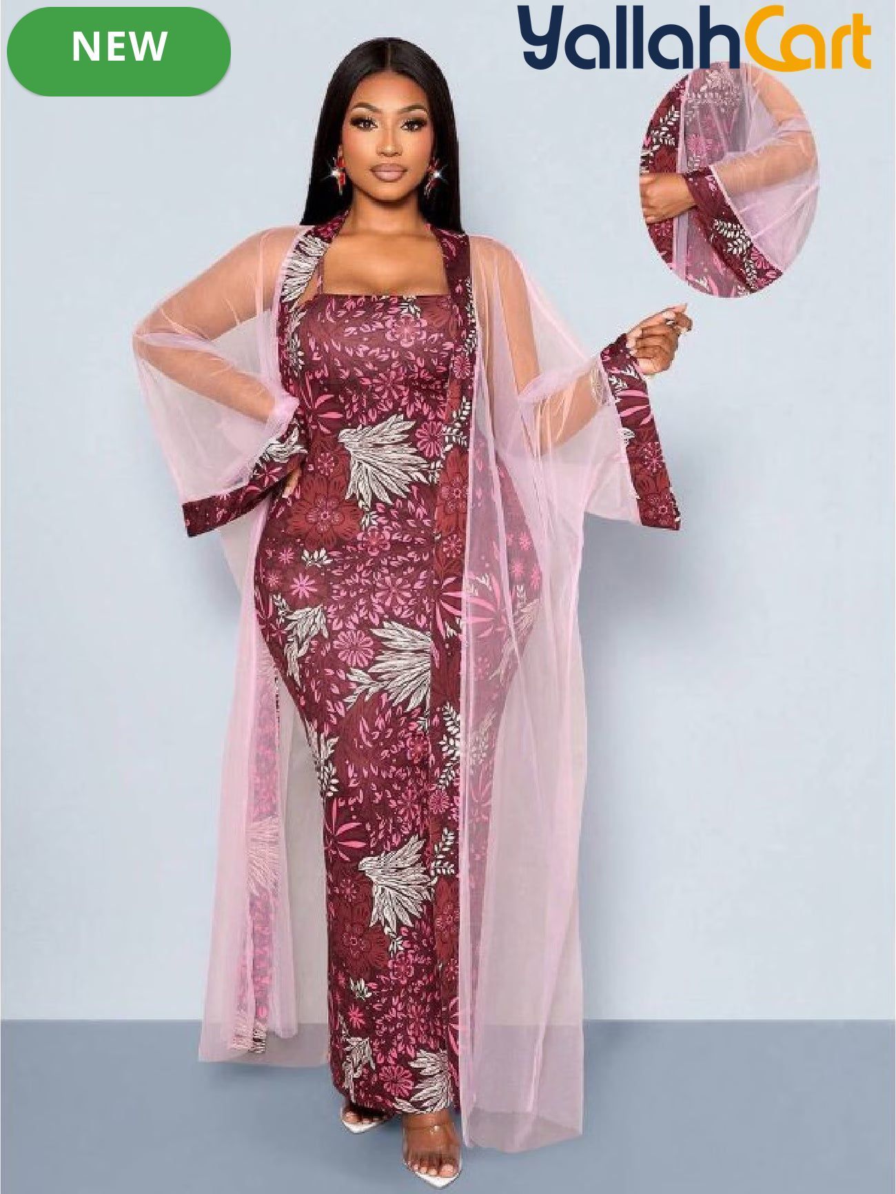 Women’s 2-Piece Slim-Fit Dress & Embroidered Mesh Cardigan Set – Elegant Outfit
