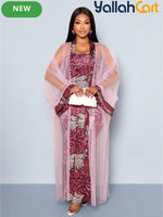 Women’s 2-Piece Slim-Fit Dress & Embroidered Mesh Cardigan Set – Elegant Outfit