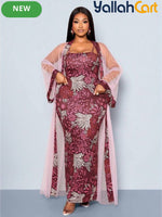 Women’s 2-Piece Slim-Fit Dress & Embroidered Mesh Cardigan Set – Elegant Outfit