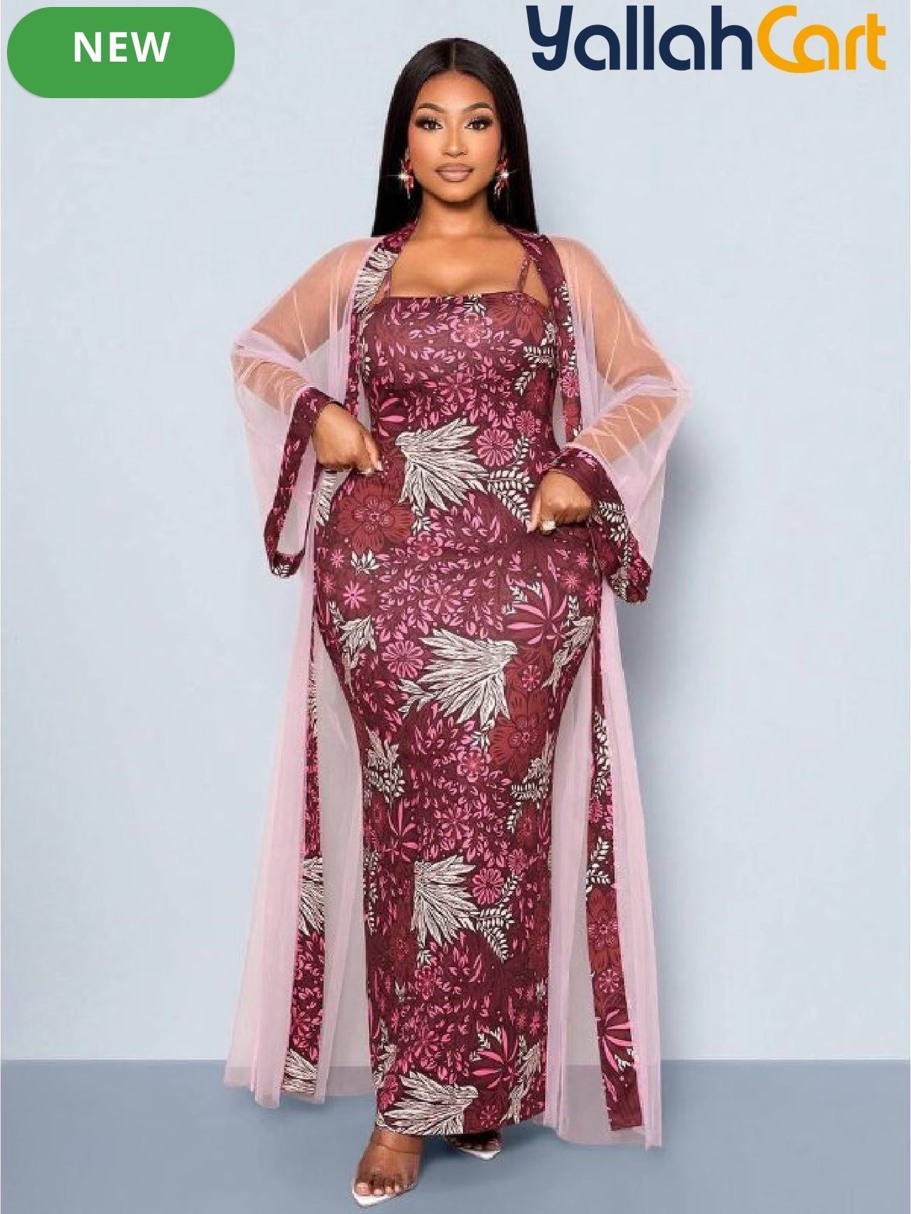 Women’s 2-Piece Slim-Fit Dress & Embroidered Mesh Cardigan Set – Elegant Outfit