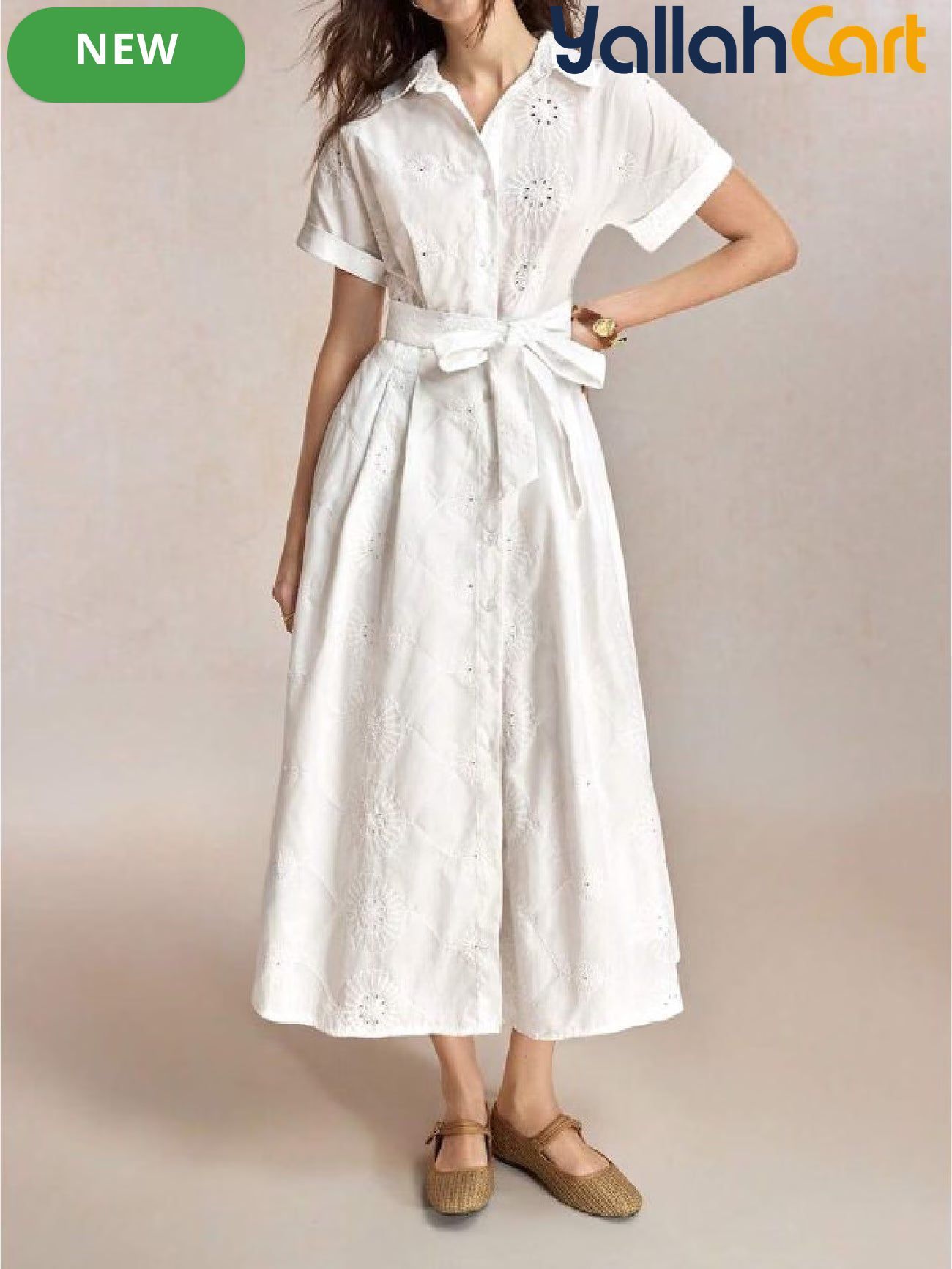 Short Sleeve Smock Dress with Front Tie