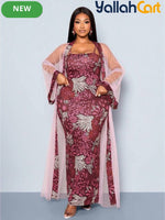 Women’s 2-Piece Slim-Fit Dress & Embroidered Mesh Cardigan Set – Elegant Outfit