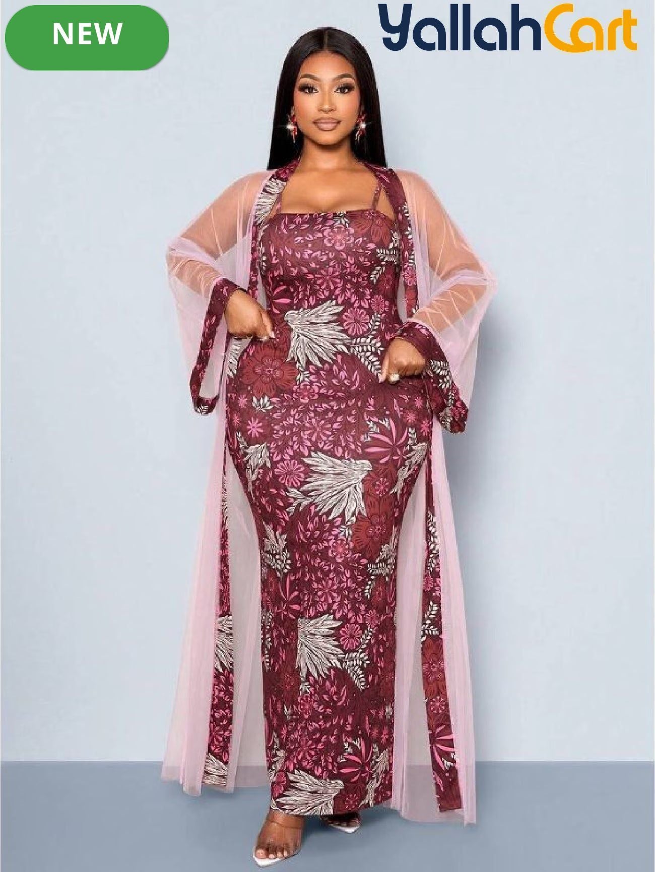 Women’s 2-Piece Slim-Fit Dress & Embroidered Mesh Cardigan Set – Elegant Outfit